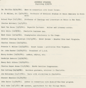 Several of the speakers Will Terry brought to campus halfway through his time as chaplain, September 22, 1964.