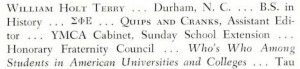 A description of Will Terry's accomplishments and extracurriculars at Davidson taken from his senior yearbook page, 1954.