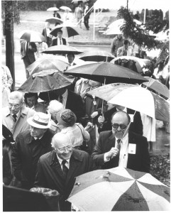 Will Terry grinning in the rain at the college's Sesquincentennial Celebration, 1987.