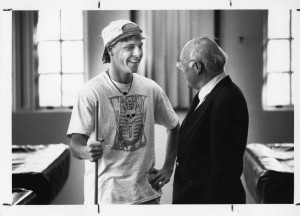 Will Terry chatting with a student, Bill Giduz, 1990.