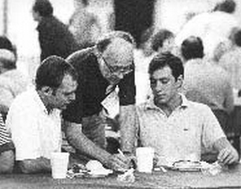 Dean Terry talking with students during freshman orientation, 1975.