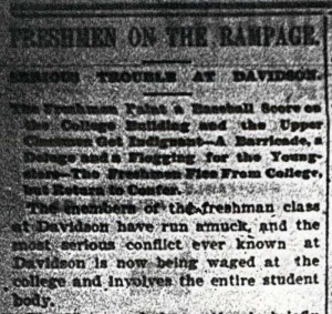 Charlotte Observer Article Headline from February 14, 1903 after the Great Freshmen Riot