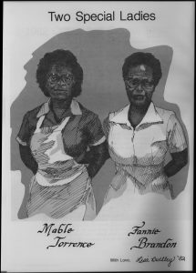 "Two Special Ladies" Fannie Brandon and Mable Torrence featured in the 1982 Quips and Cranks (drawn by student Lisa Buckley '82)