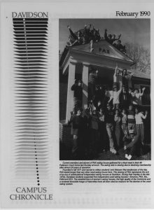 The 1990 Campus Chronicle featuring the members of PAX outside of their house before its closing that spring