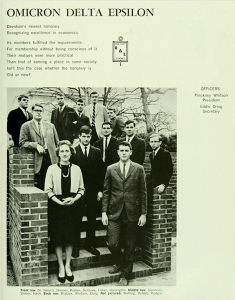 The first members of the Omicron Delta Epsilon honorary fraternity found in the 1966 "Quips and Cranks." Dr. Nelson is pictured in the front row. Although in this picture, the society is all male, by 1977, there were 6 women members.