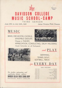 Music camp flyer titled, "The Davidson College Music School-Camp", with pictures of previous years' camps and an itinerary