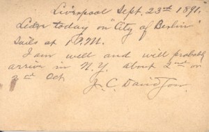 A post card from J.C. Davidson to Mary dated 1891