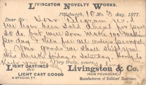 Postcard from Livingston Novelty Works dated 1877