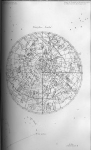 A sketch of the world as if you were looking at it from above with longitude and latitude lines and mythological creatures and gods scattered around. Also some constellations outside of the earth map.