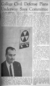 newspaper article titled, "College Civil Defense Plans Underway Says Committee". Picutred is Dr. Sam B. Maloney, deputy director of Civil Defense for the town of Davidson.