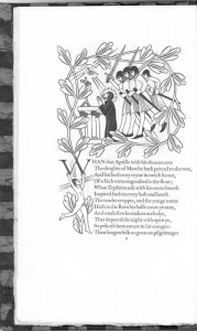 Canterbury Tales illustration, four knights with swords, 3 of them unsheathed, ready to strike a man on his knees who is praying at an alter as a hand from above is giving him something.