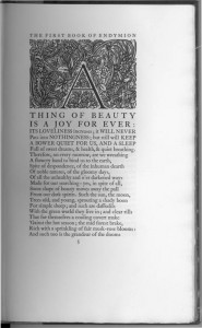 Endymion illustration, plants and leaves all around the letter 'A'. The title of the chapter, "THING OF BEAUTY IS A JOY FOR EVER"