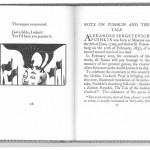 Pushkin Cockerel, a picture of two pages of a book, on the left page there is an image of a man's who is bald but has hair on the sides with two flags on either side of him and a black rooster on his head