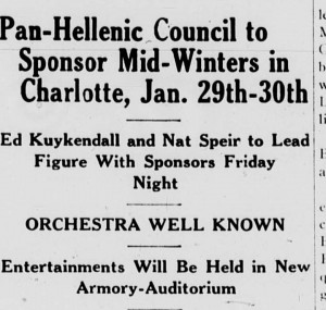 dance article titled, "Pan-Hellenic Council to Sponsor Mid-Winters in Charlotte, Jan. 29th-30th"