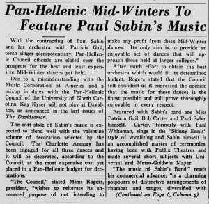 Dance article titled, "Pan-Hellenic Mid-Winters To Feature Paul Sabin's Music