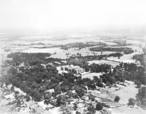 aerial photo, The new Chambers Building (completed in 1929) is front and center, but this photo also provides a good look at the rooftops of downtown Davidson (left corner) and the farm land to Davidson's north and east.