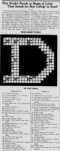 "This Week's Puzzle in Shap of Letter That Stands for Best College in South", a cross-word puzzle in the shape of a 'D' by Fred Coffman