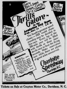 Newspaper ad titled, "Thrills Galore" advertising the Armistice Day Race