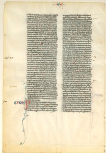 Leaf from a Medieval manuscript Bible. Paris, ca. 1250. (On vellum with initial capitals in red and blue.)