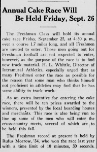 Newspaper article, "Annual Cake Race Will Be Held Friday, Sept. 26"