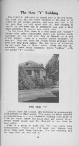 Page from Wildcat Handbook titled, "The New "Y" Building" with an image of the Y building captioned, "THE NEW "Y""