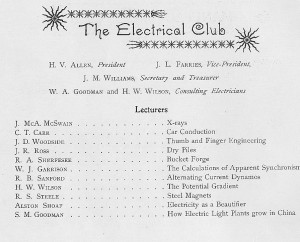 yearbook page for, "The Electrical Club" giving the professors and their lectures relating to the club