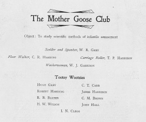 Yearbook page for, "The Mother Goose Club", "Object: To study scientific methods of infantile amusement"