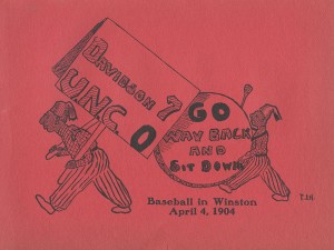 cartoon from 1905 Quips and Cranks of a man holding a sign saying "Davidson 7 U.N.C. 0" and another man holding a drum saying "Go way back and sit down"