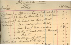 Portion of the library catalog for Alcove C showing shelf locations instead of call numbers