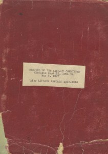 The cover of the first volume of library committee minutes and annual reports book