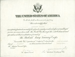 A certificate from the United States Goverment to Davidson college certifying that "Davidson College in a spirit of patriotism and of devotion to country, rendered efficient and loyal service in connection with The World War..."