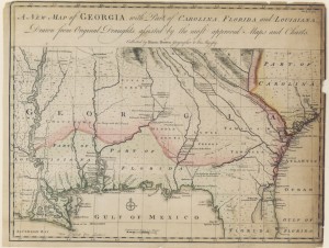 Emanuel Bowen map of 1748 Georgia titled, "A New Map of Georgia with Part of Carolina, Florida and Louisiana"