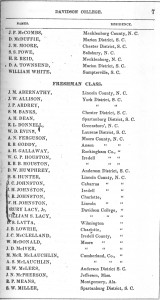 1855-1856 catalogue of Davidson college freshman with their names and residence