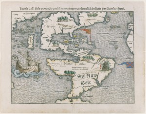 Sebastian Muenster map  1540 North America titled, "Tauola dell' ifole nuoue,le quali fon nominate occidentali,& indiane per diuerfi rifpetti."