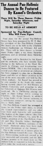 Dance article in the Davidsonian with the heading, "The Annual Pan-Hellenic Dances to Be Featured By Kassel's Orchestra"