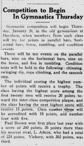 1933 gym article with the heading, "Competition to Begin In Gymnastics Thursday"