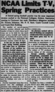 1952 Davidsonian article on new NCAA rulings with the heading, "NCAA Limits T-V, Spring Pratices"