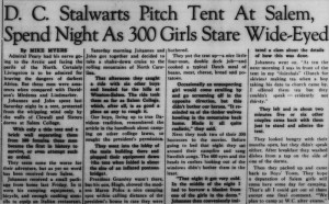 1952 Davidsonian article on a camping adventure with a heading, "D.C. Stalwarts Pitch Tent At Salem, Spend Night As 300 Girls Stare Wide-Eyed"