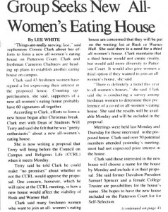 Eating house article with the heading, "Group Seeks New All-Women's Eating House"