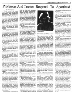 Apartheid article in the Davidsonian with the heading, "Professors And Truestee Respond to Apartheid"