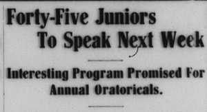 Davidsonian headline in 1915, "Forty-Five Juniors To Speak Next Week"