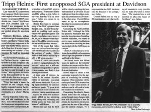 Davidsonian article on 1989 SGA election. The headline is "Tripp Helms: First unopposed SGA president at Davidson".