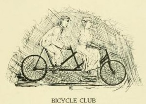 Sketch from 1897 Quips and Cranks, a man and a woman riding a tandem bicycle.