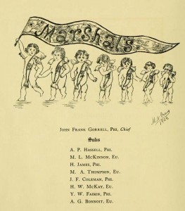 Yearbook carton with list of 1904 commencement marshals from literary societies