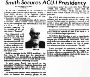 Davidsonian article on Union Director Shaw Smith with the heading, "Smith Secures ACU-I Presidency"