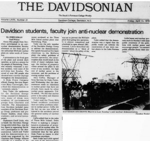 Davidsonian article on protests with the heading, "Davidson students, faculty join anti-nuclear demonstration"