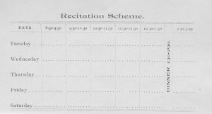 Recitation Scheme, now known as a class schedule - note there are no Mondays