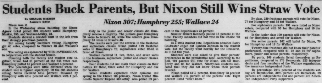 from 1 November 1968 Davidsonian with the heading, "Student Buck Parents, But Nixon Still Wins Straw Vote"