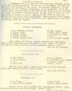 Civic club recipes including, "Roasting a Husband", "Chicken Croquettes", "Cold Salmon Loaf", and "Dumplings #1"