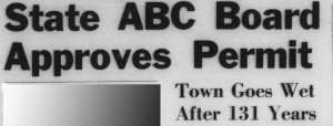 Headline from the Davidsonian announcing liquor permit for a local grocery store, "State ABC Board Approves Permit"